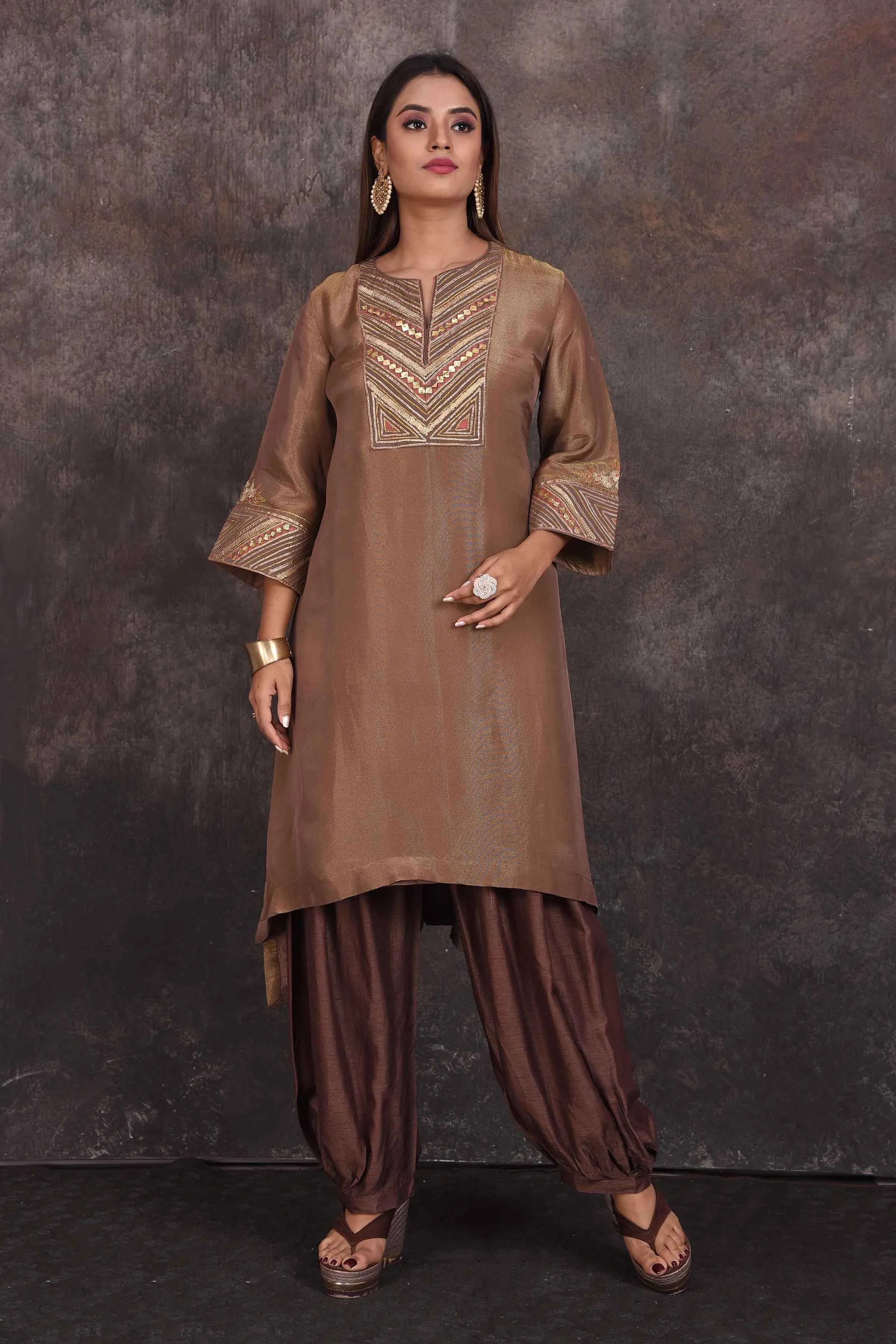 503345 Brown Embroidered Salwar Suit
