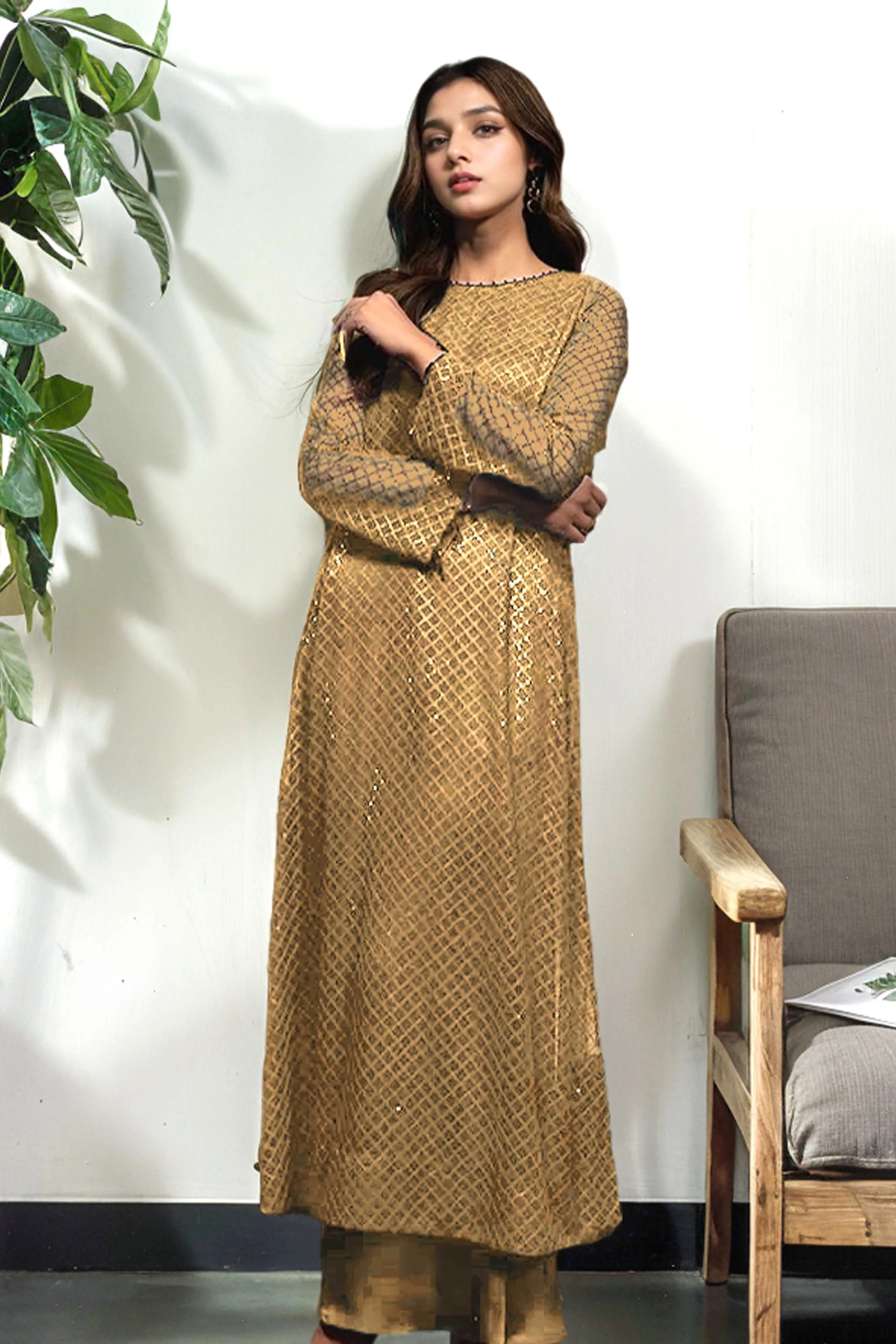 Aella: Golden Color Luxury Long Dress  - 467