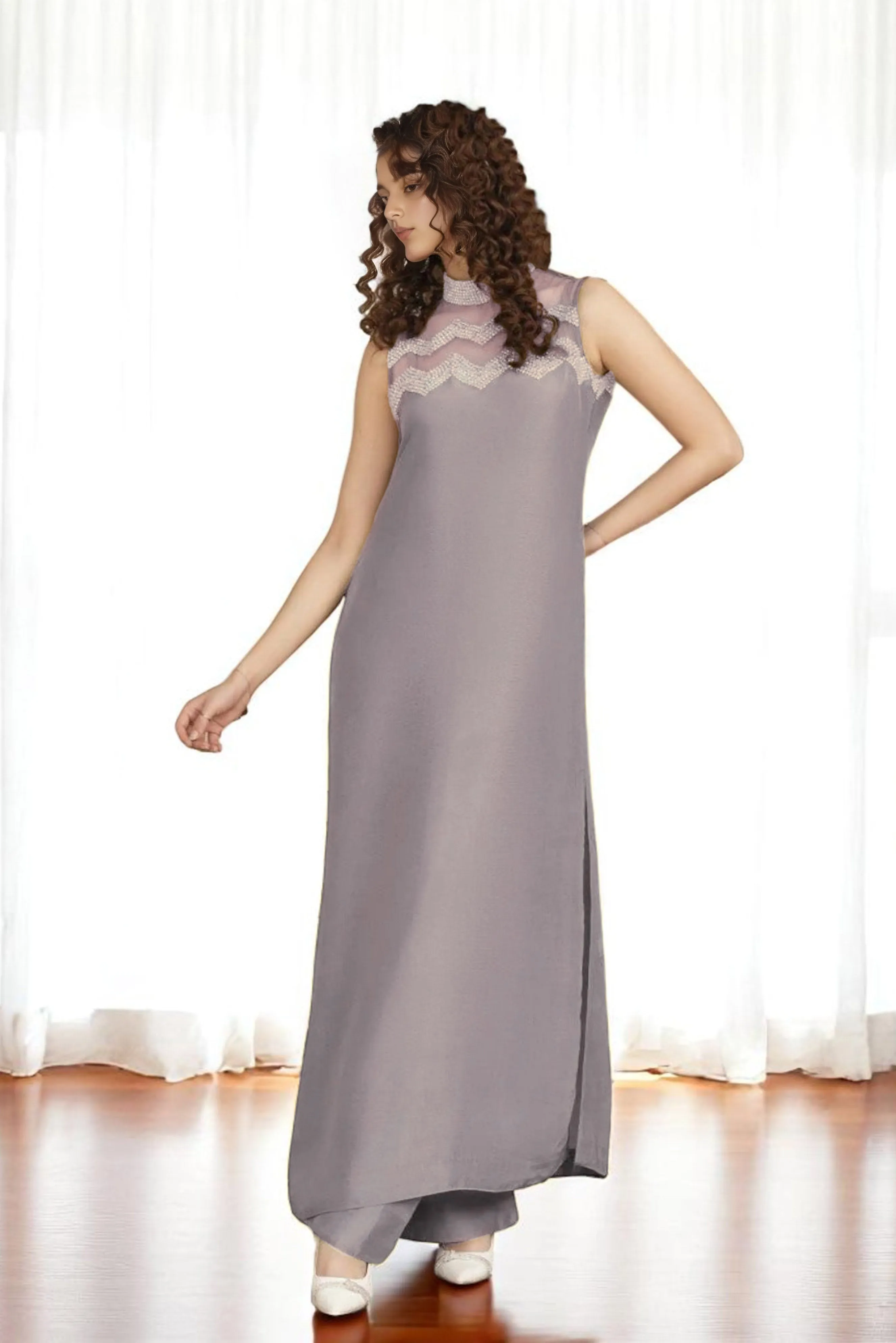 Aria: Silver Silk Long Dress With Hand Embellishment - 475