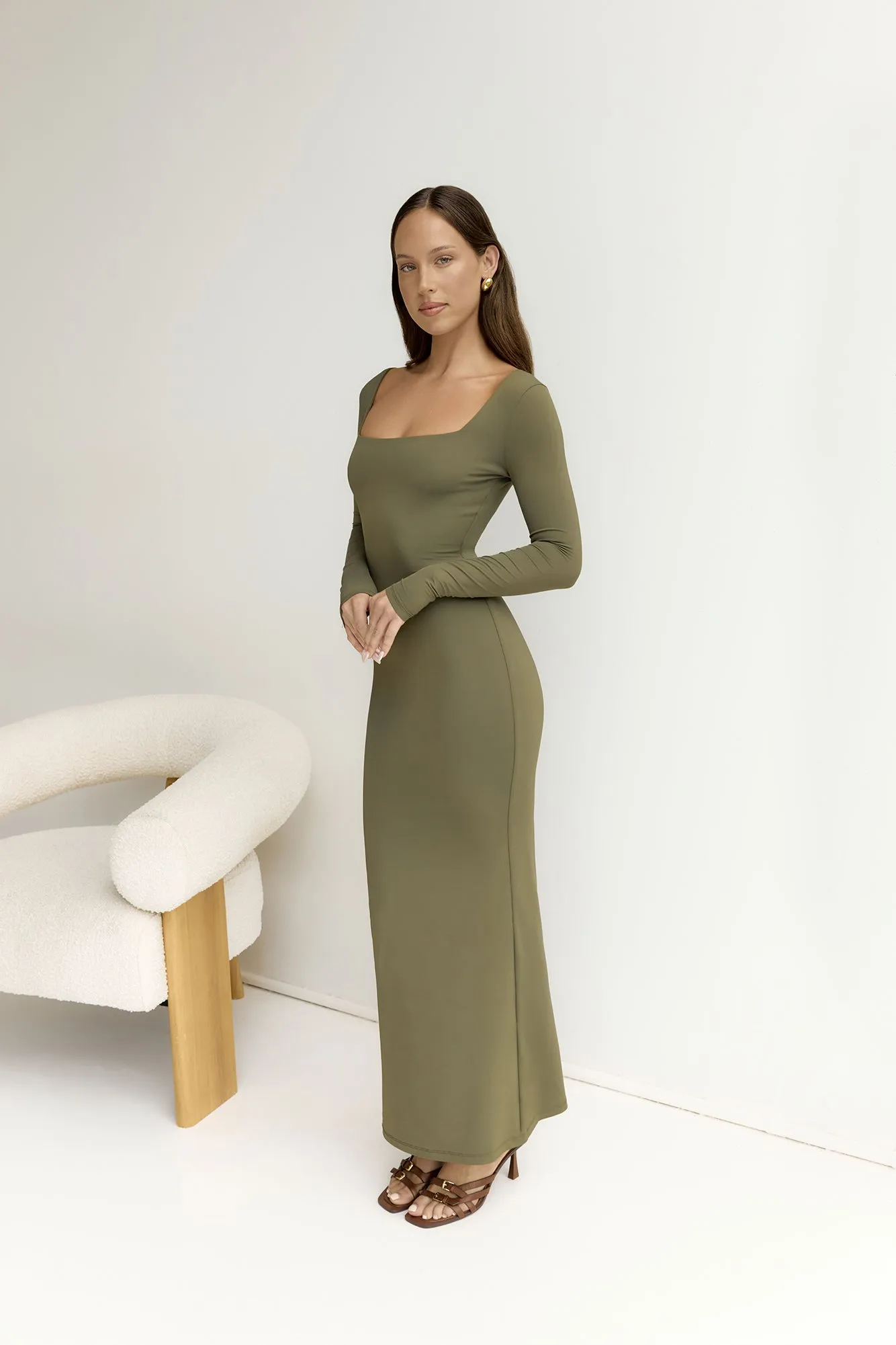 BASE Embrace Shape Long Sleeve Maxi Dress Army