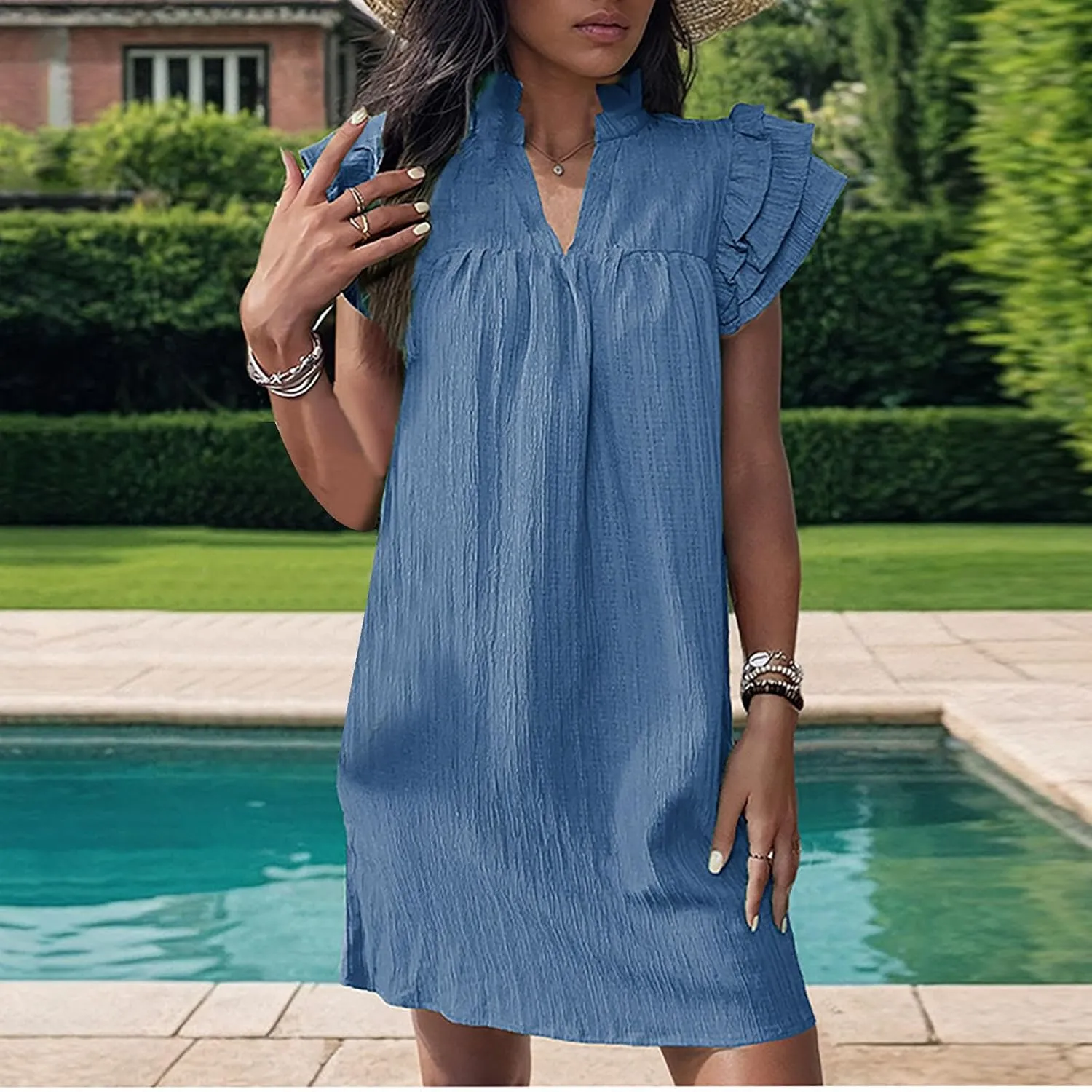 Binmer Women's 2024 Summer Mini Dress Texture Casual Ruffle Sleeve V Neck Loose Tunic Dress Loose Fit Solid Beach Sundresses