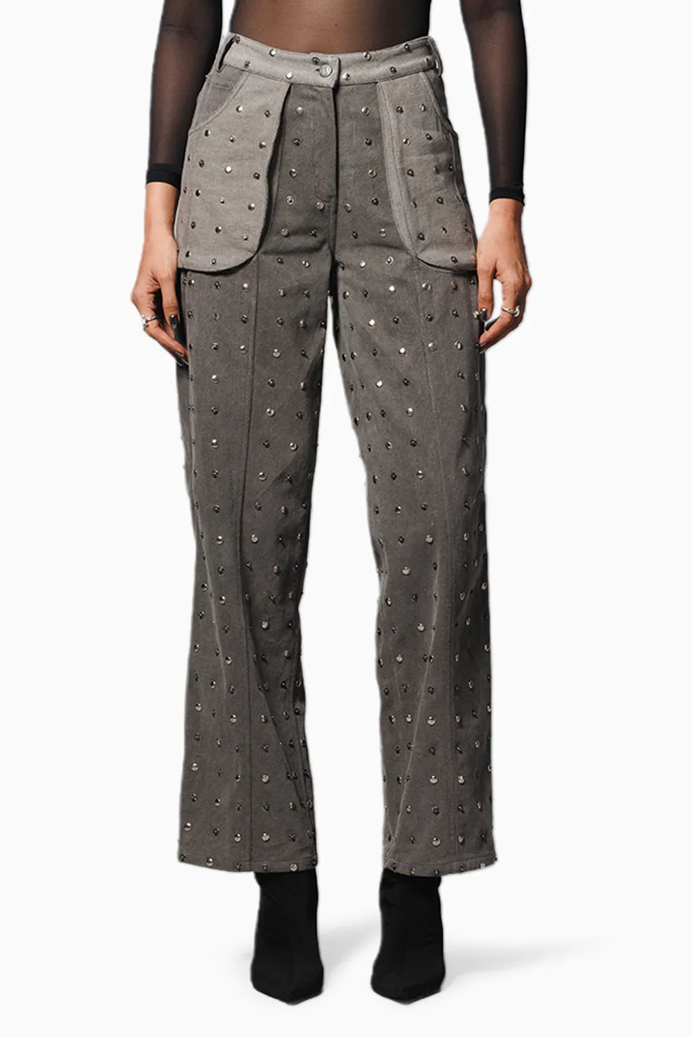 Black Washed Denim Studded Pants