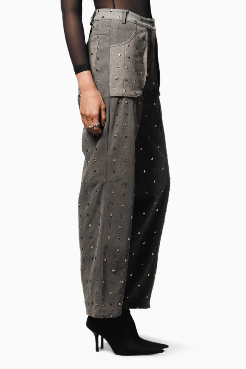 Black Washed Denim Studded Pants