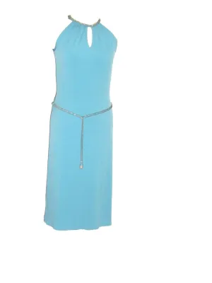 Blue Stylish Diamante Neck Sleeveless Dress