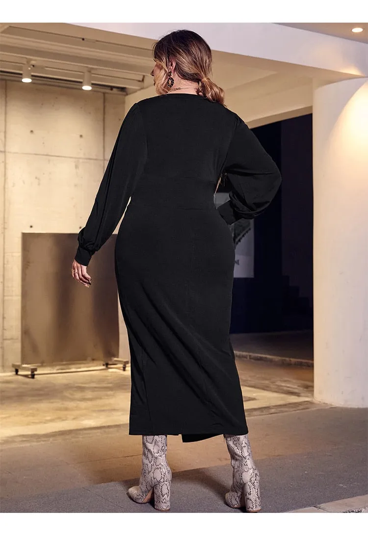 Button Design High Waist V-Neck Stylish Long Sleeve Dress