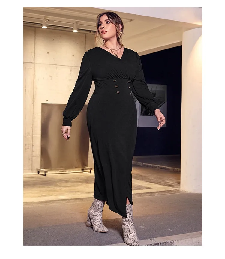 Button Design High Waist V-Neck Stylish Long Sleeve Dress