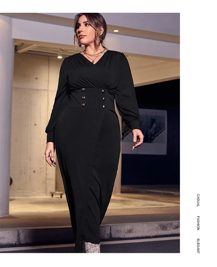 Button Design High Waist V-Neck Stylish Long Sleeve Dress