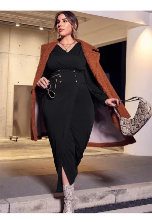 Button Design High Waist V-Neck Stylish Long Sleeve Dress