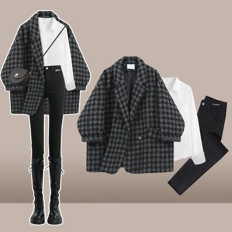 Chic Lattice Print Lapel Blazer T-Shirt Slim Denim Pants C19715