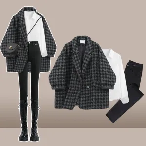 Chic Lattice Print Lapel Blazer T-Shirt Slim Denim Pants C19715