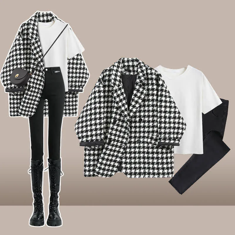 Chic Lattice Print Lapel Blazer T-Shirt Slim Denim Pants C19715