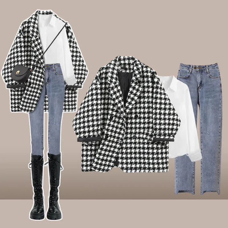 Chic Lattice Print Lapel Blazer T-Shirt Slim Denim Pants C19715