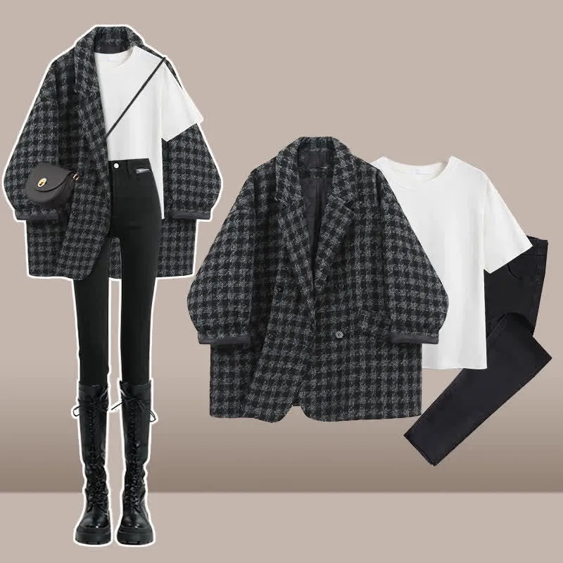 Chic Lattice Print Lapel Blazer T-Shirt Slim Denim Pants C19715