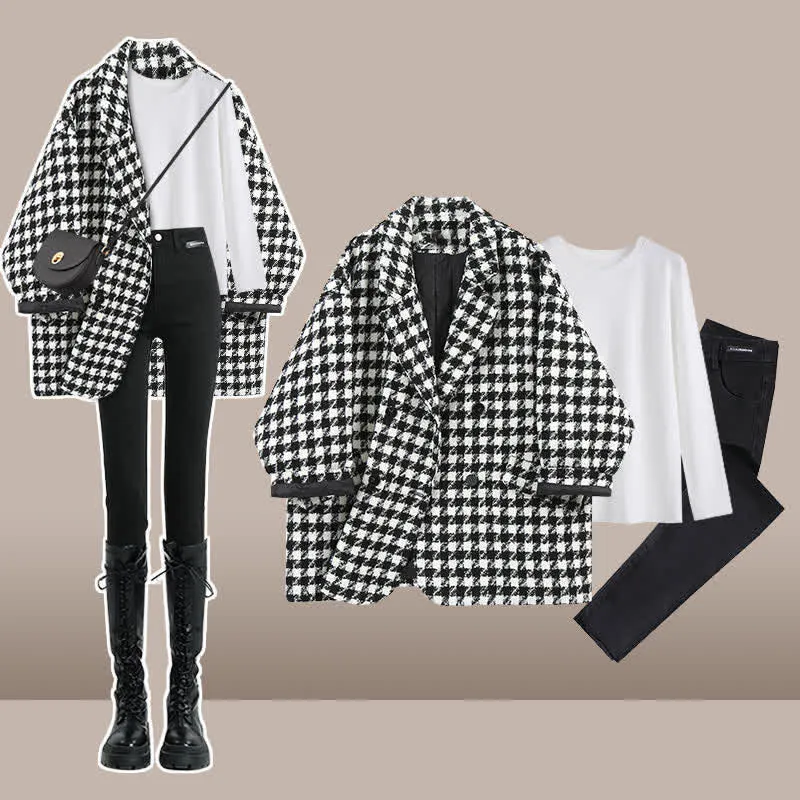 Chic Lattice Print Lapel Blazer T-Shirt Slim Denim Pants C19715