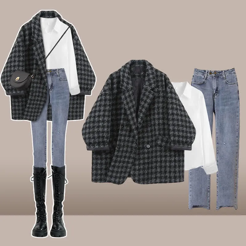 Chic Lattice Print Lapel Blazer T-Shirt Slim Denim Pants C19715
