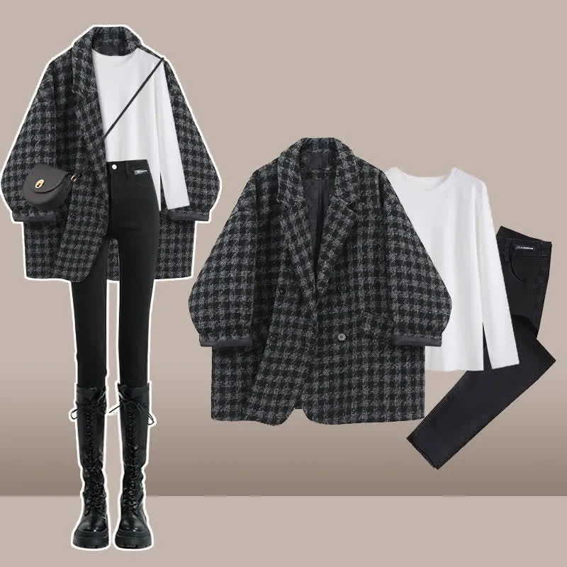 Chic Lattice Print Lapel Blazer T-Shirt Slim Denim Pants C19715