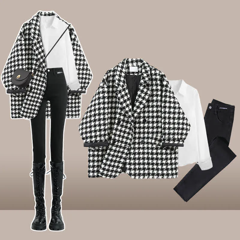 Chic Lattice Print Lapel Blazer T-Shirt Slim Denim Pants C19715