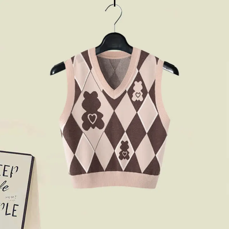 Cute Bear Print Vest Lapel Shirt High Waist Suit Pants