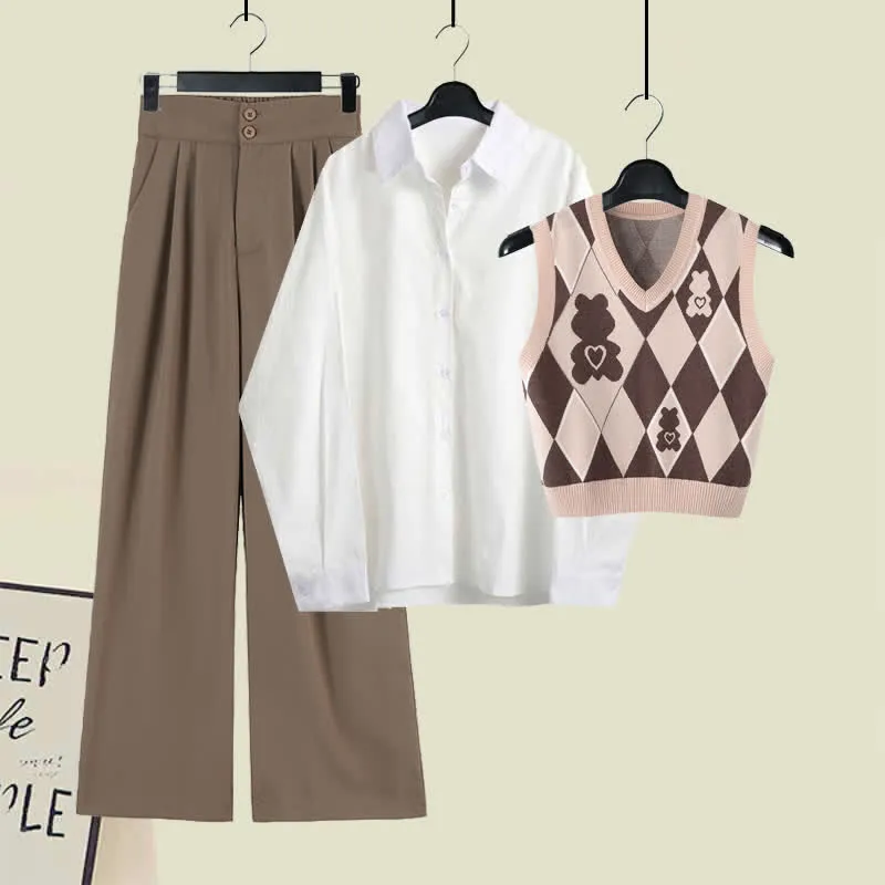Cute Bear Print Vest Lapel Shirt High Waist Suit Pants