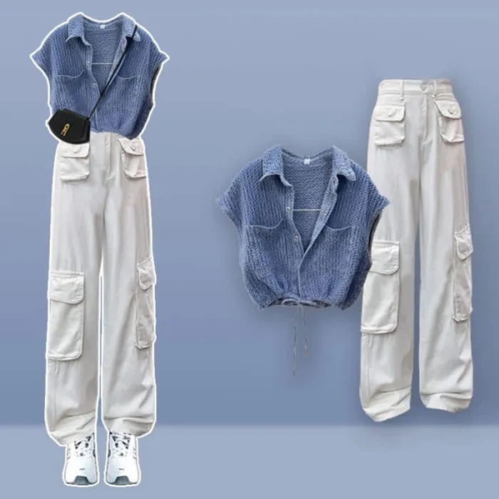 Denim Top Casual Pocketed Cargo Pants