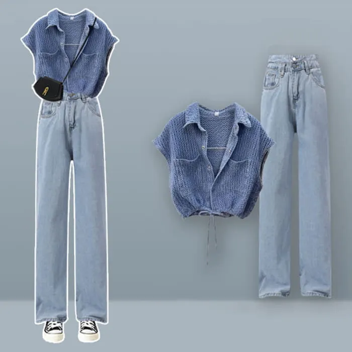 Denim Top Casual Pocketed Cargo Pants