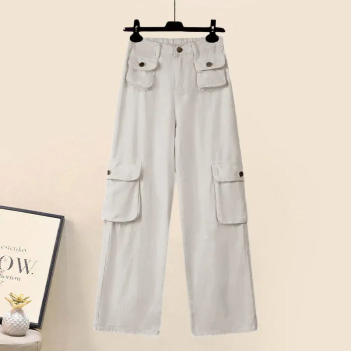 Denim Top Casual Pocketed Cargo Pants