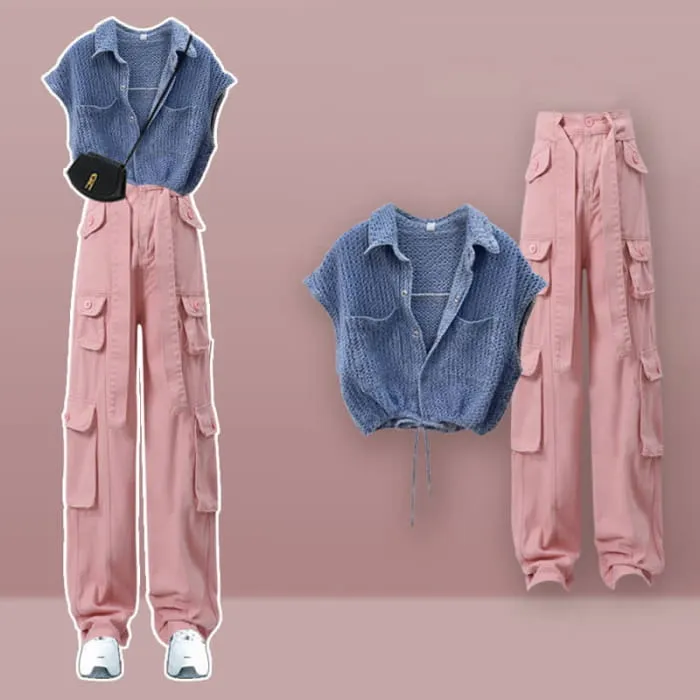 Denim Top Casual Pocketed Cargo Pants