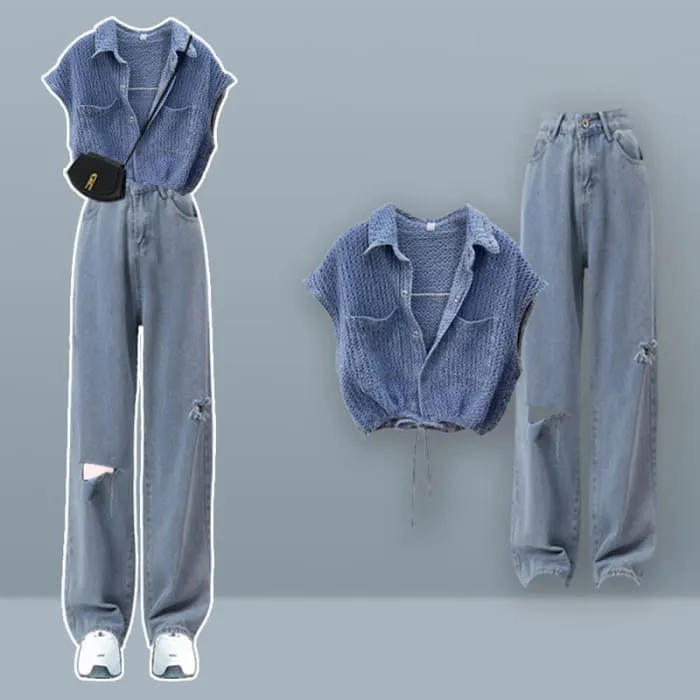 Denim Top Casual Pocketed Cargo Pants