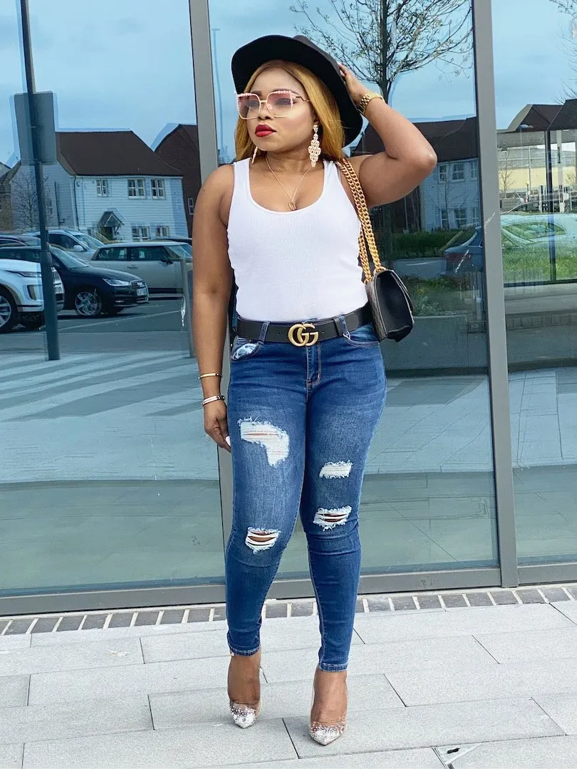 Double Knee Ripped Jeans-Dark Blue