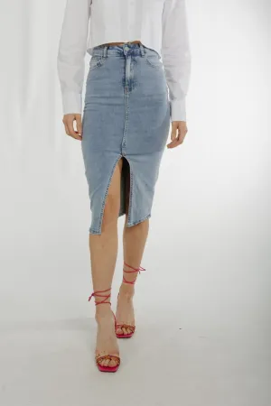 Flynn Denim Midi Skirt In Light Wash