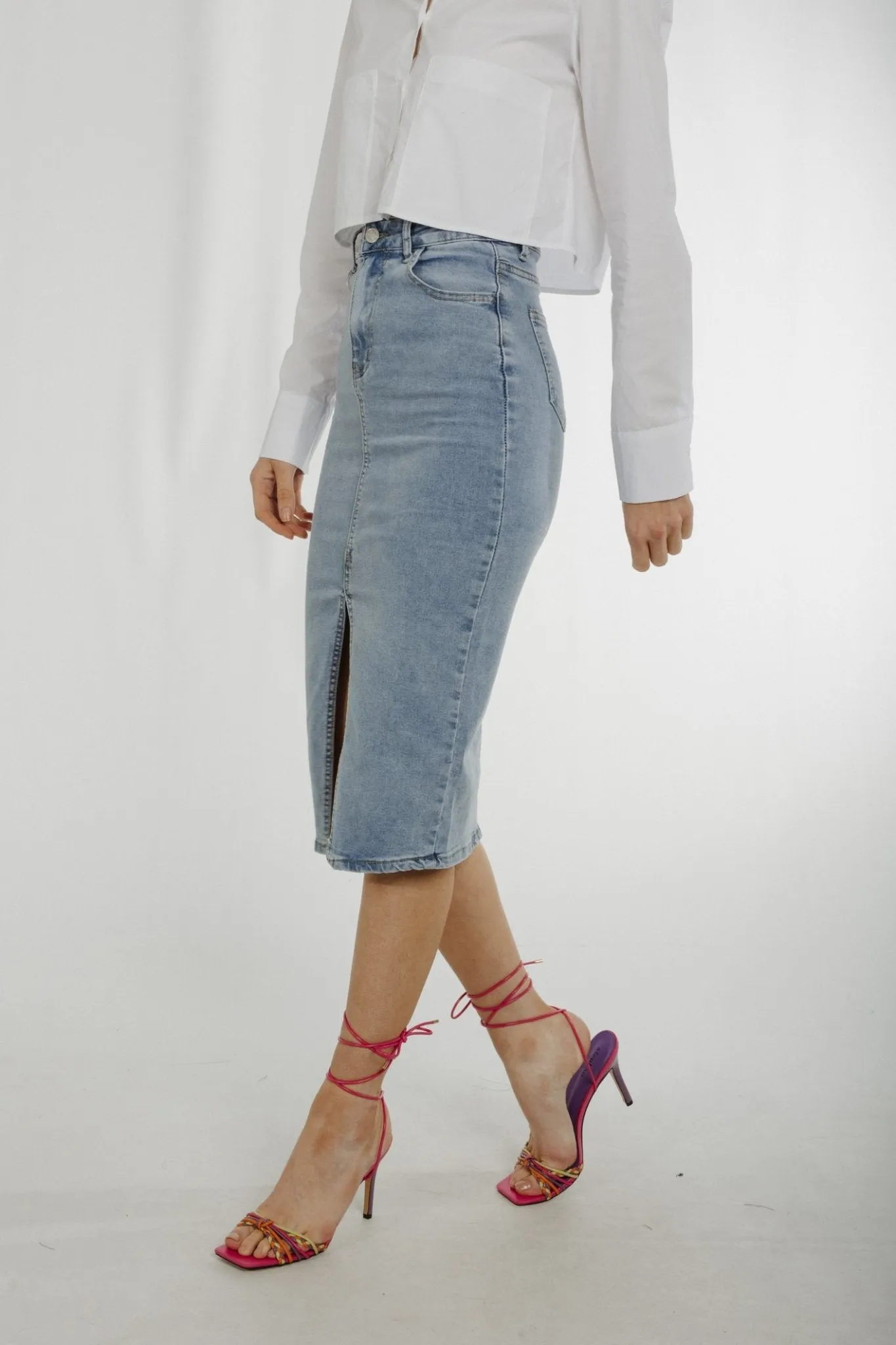 Flynn Denim Midi Skirt In Light Wash