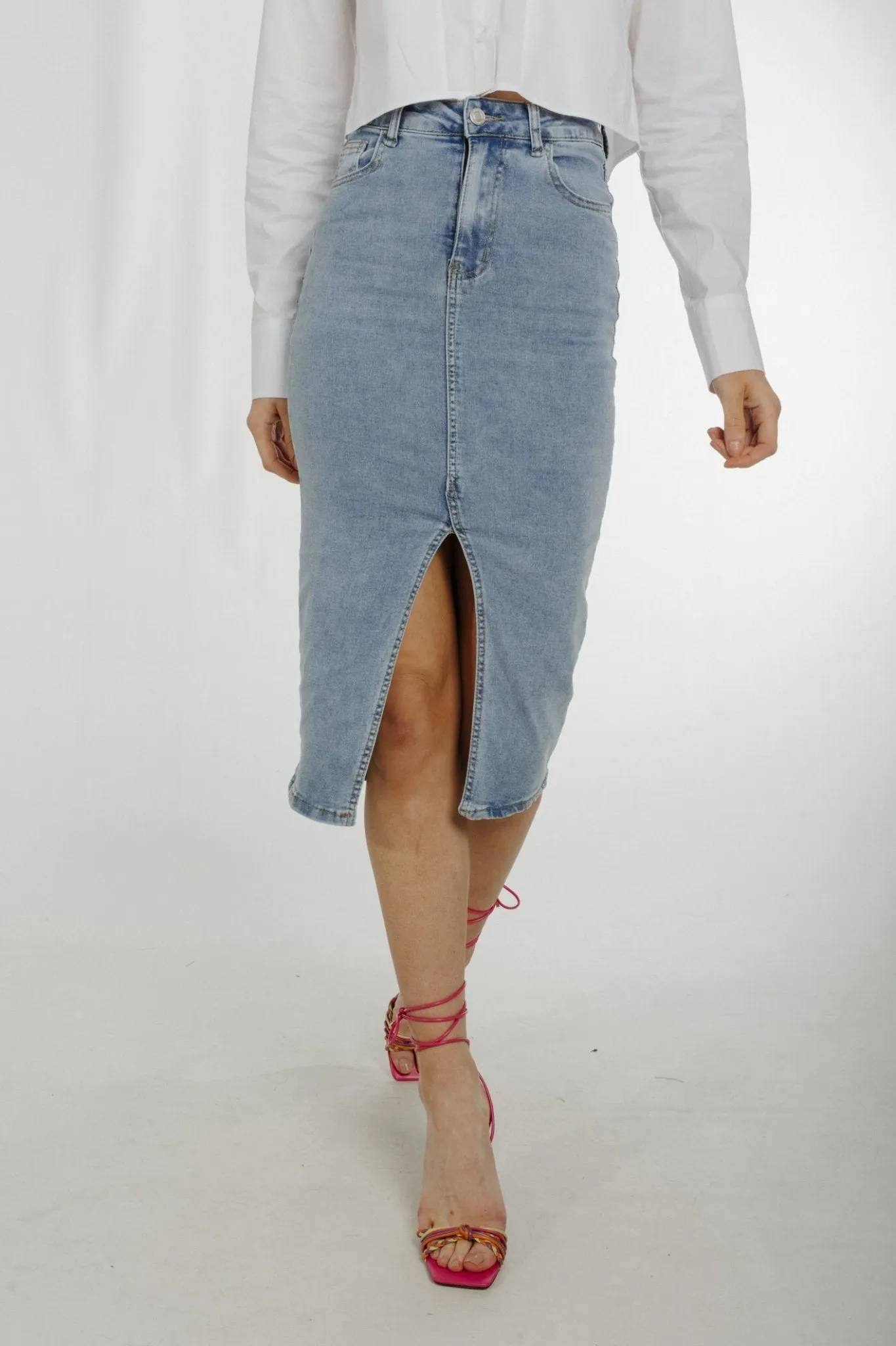 Flynn Denim Midi Skirt In Light Wash