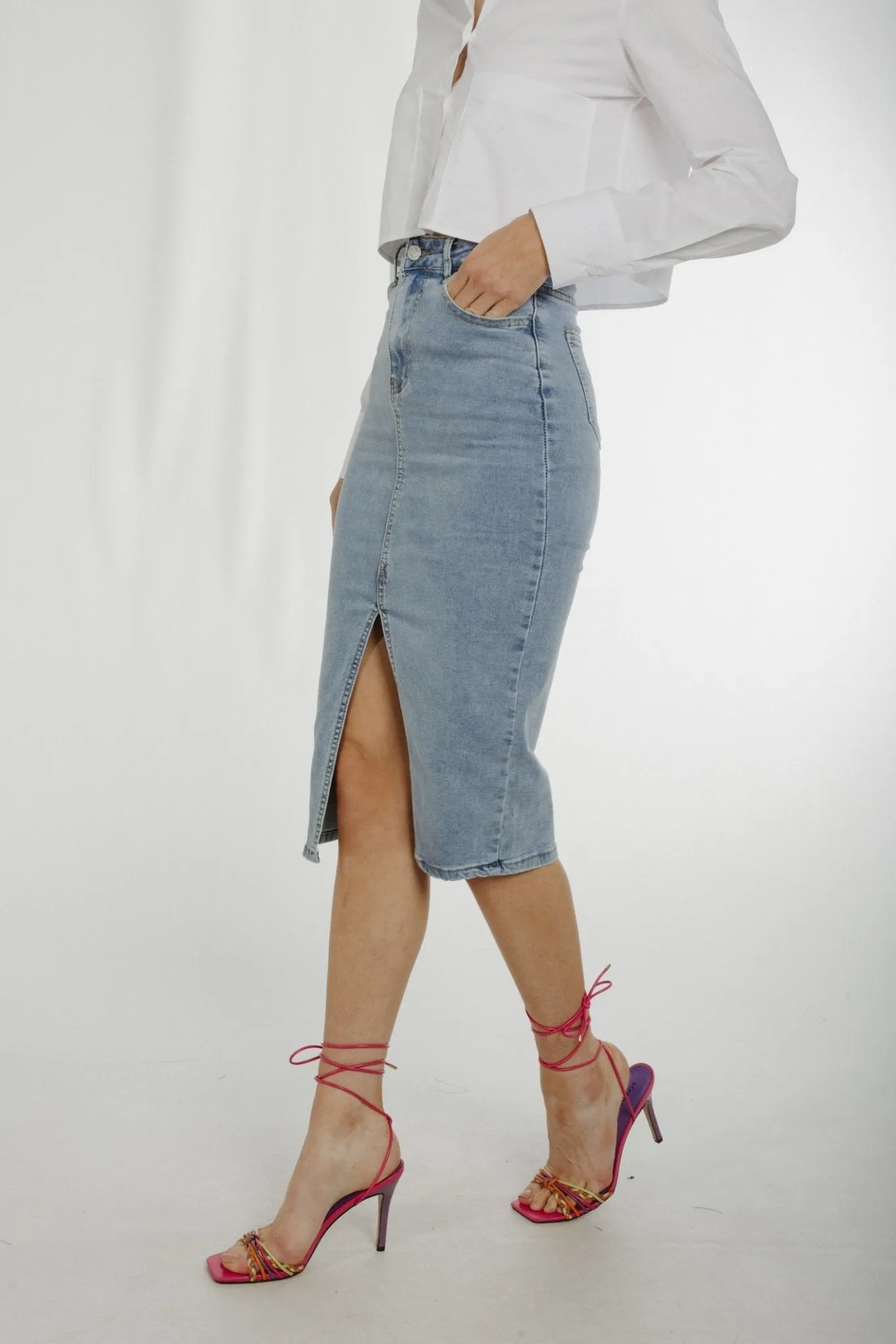 Flynn Denim Midi Skirt In Light Wash