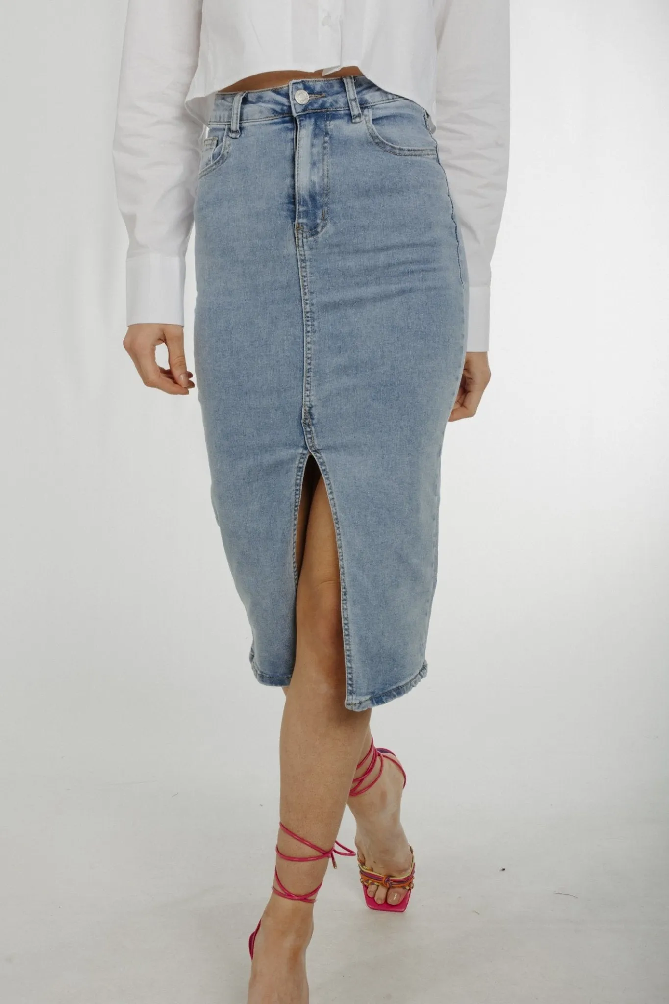 Flynn Denim Midi Skirt In Light Wash