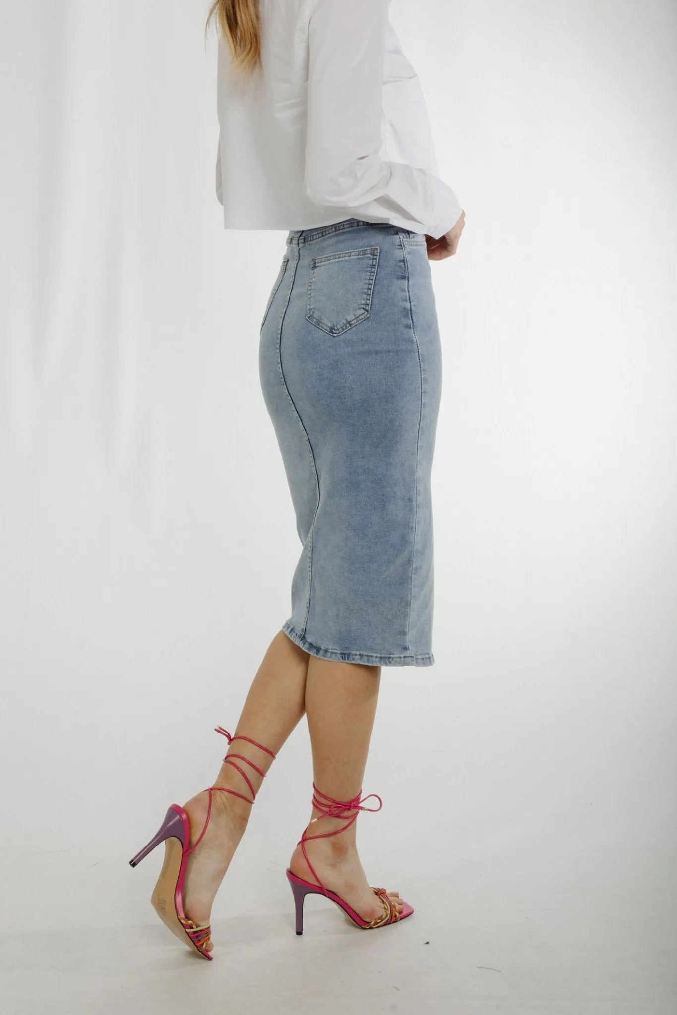 Flynn Denim Midi Skirt In Light Wash