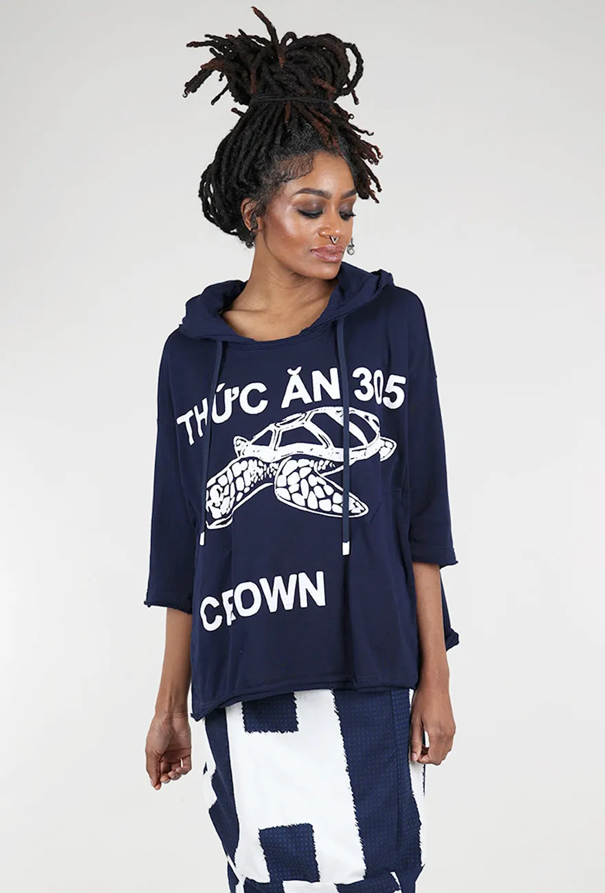 French Terry Boxy Hoodie, Navy Print