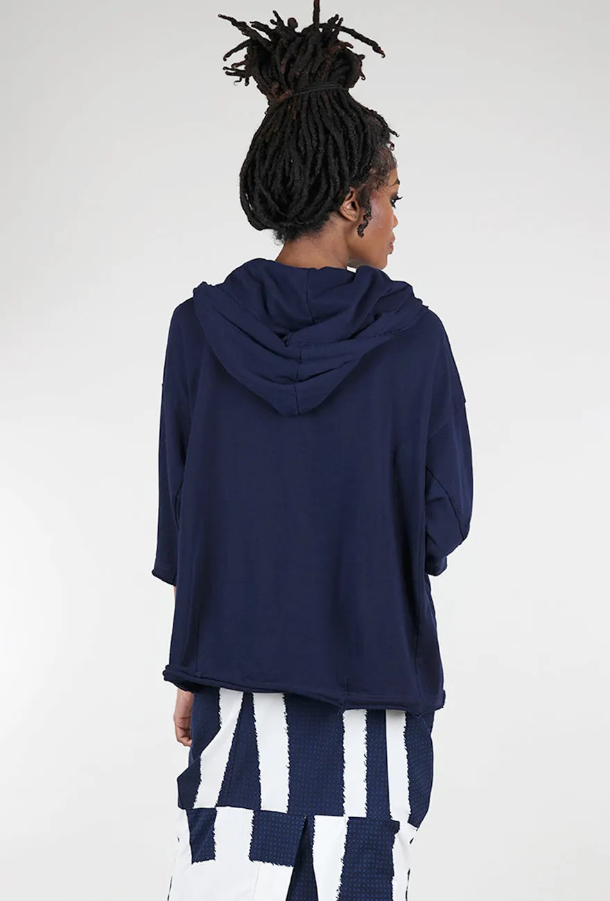 French Terry Boxy Hoodie, Navy Print