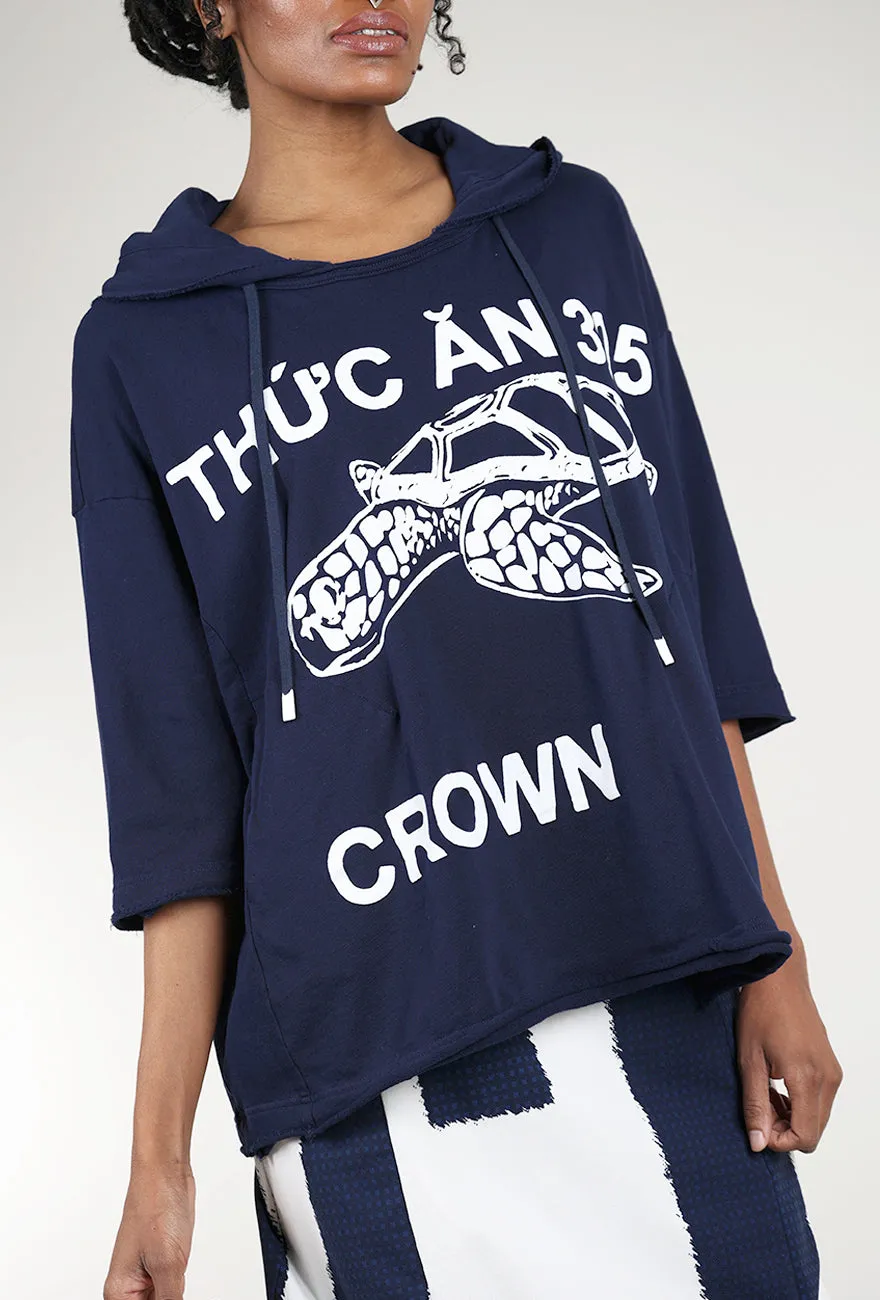 French Terry Boxy Hoodie, Navy Print