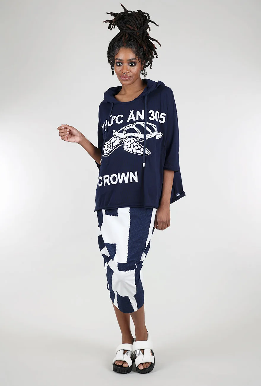 French Terry Boxy Hoodie, Navy Print