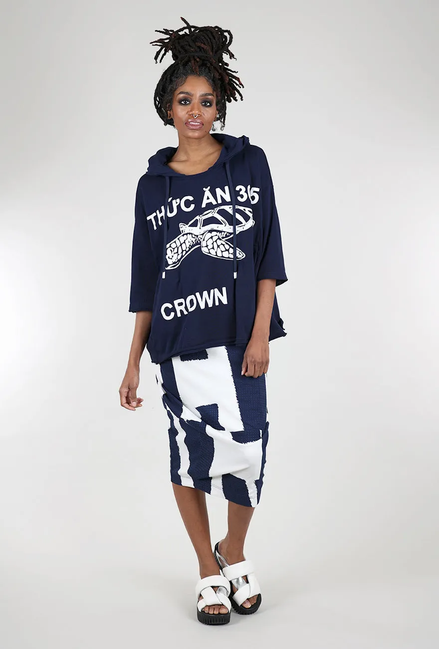 French Terry Boxy Hoodie, Navy Print