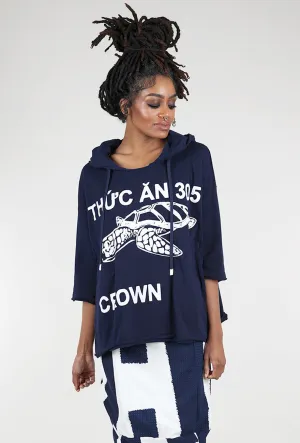 French Terry Boxy Hoodie, Navy Print