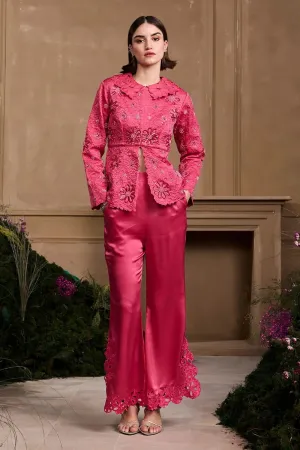 Fuchsia Metallic Quilted Jacket With Bell Bottom Pants