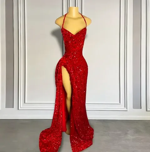 Glamorous Long Red Mermaid Straps Sequied Prom Dress with Slit