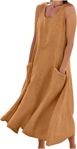 Going Out Dress for Women 2025 Summer Cotton Linen Vacation Dresses Plus Size Sleeveless Midi Sundress with Pockets