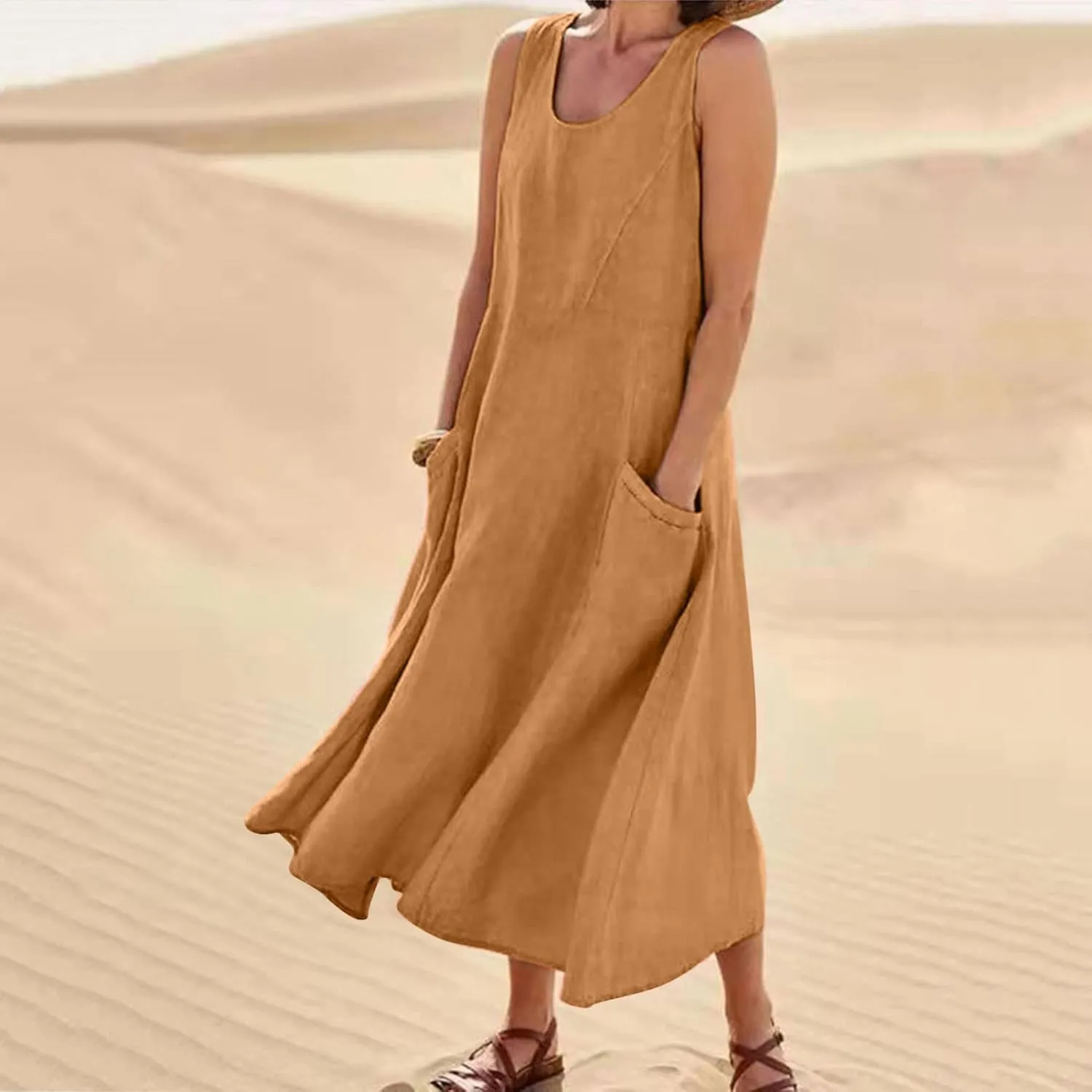 Going Out Dress for Women 2025 Summer Cotton Linen Vacation Dresses Plus Size Sleeveless Midi Sundress with Pockets