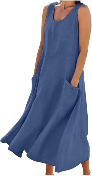 Going Out Dress for Women 2025 Summer Cotton Linen Vacation Dresses Plus Size Sleeveless Midi Sundress with Pockets