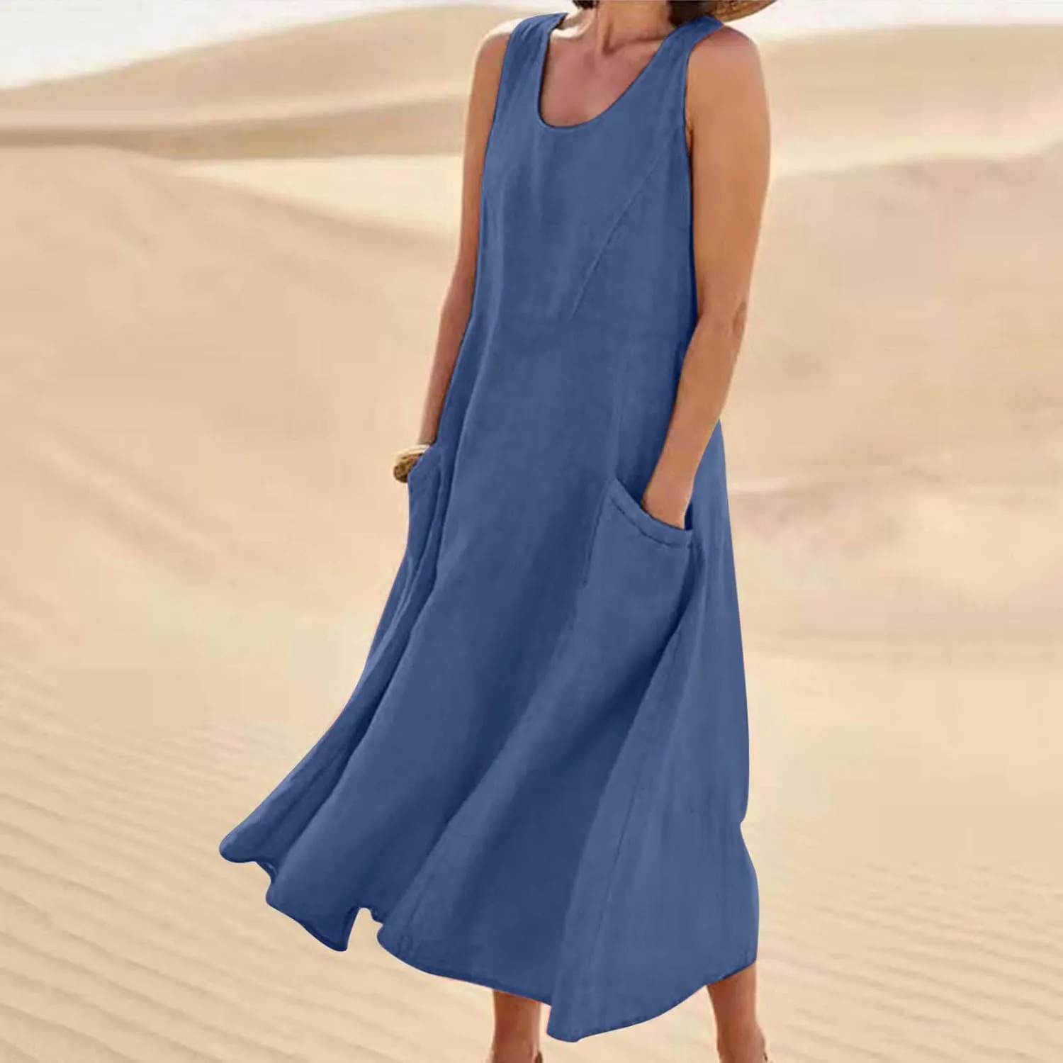 Going Out Dress for Women 2025 Summer Cotton Linen Vacation Dresses Plus Size Sleeveless Midi Sundress with Pockets