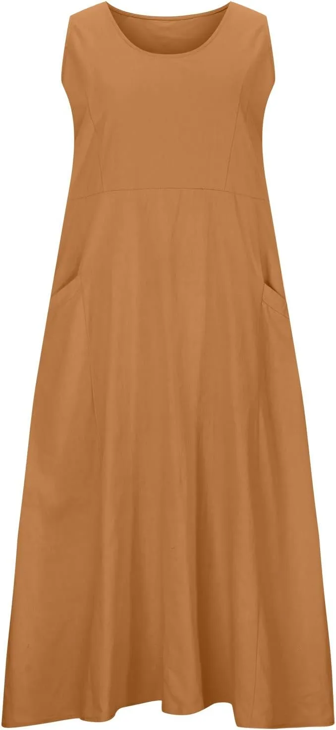 Going Out Dress for Women 2025 Summer Cotton Linen Vacation Dresses Plus Size Sleeveless Midi Sundress with Pockets