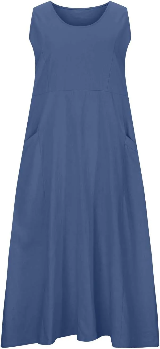 Going Out Dress for Women 2025 Summer Cotton Linen Vacation Dresses Plus Size Sleeveless Midi Sundress with Pockets