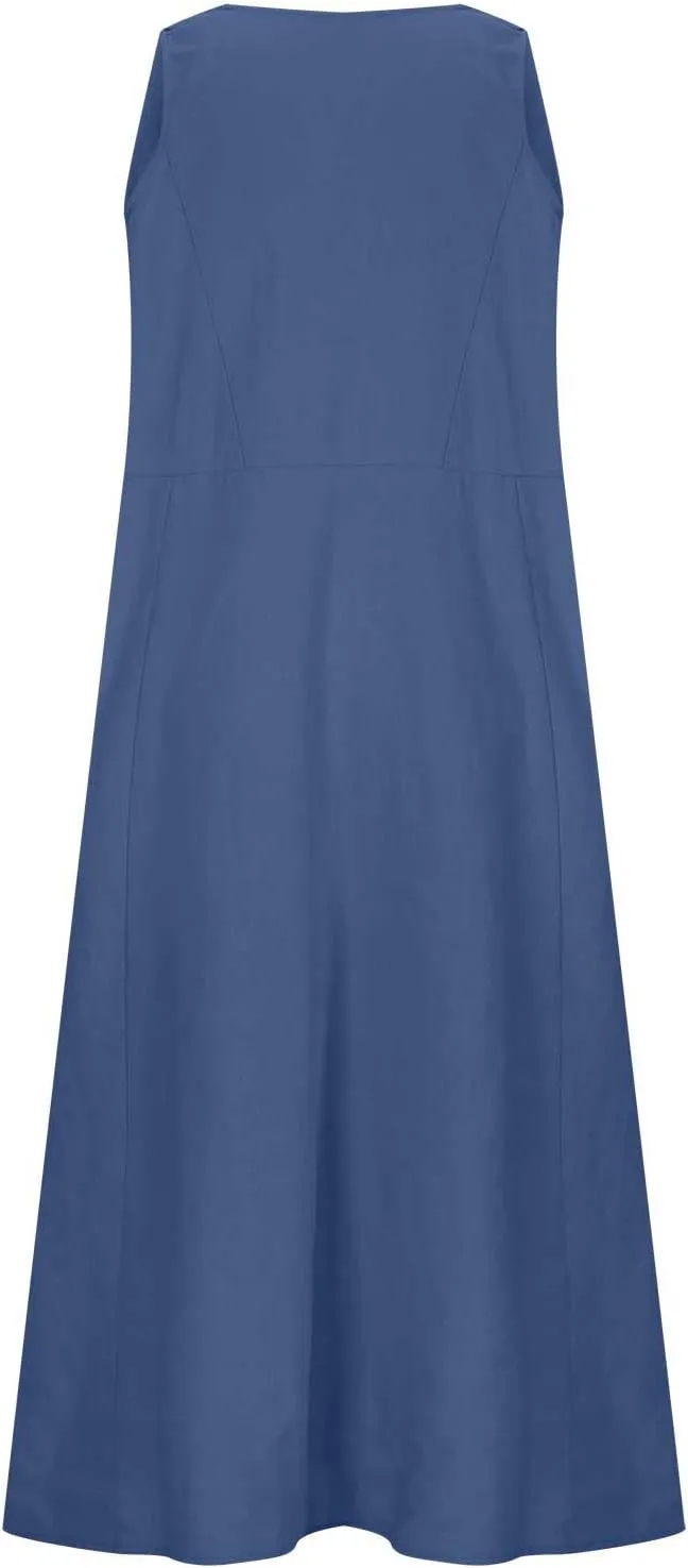 Going Out Dress for Women 2025 Summer Cotton Linen Vacation Dresses Plus Size Sleeveless Midi Sundress with Pockets